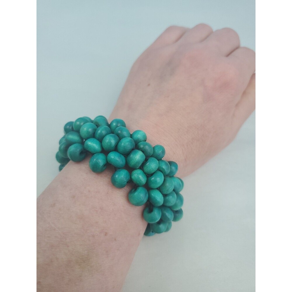 Bohemian Chunky Teal Wooden Beaded Statement Cuff Bracelet Hand Woven Wide